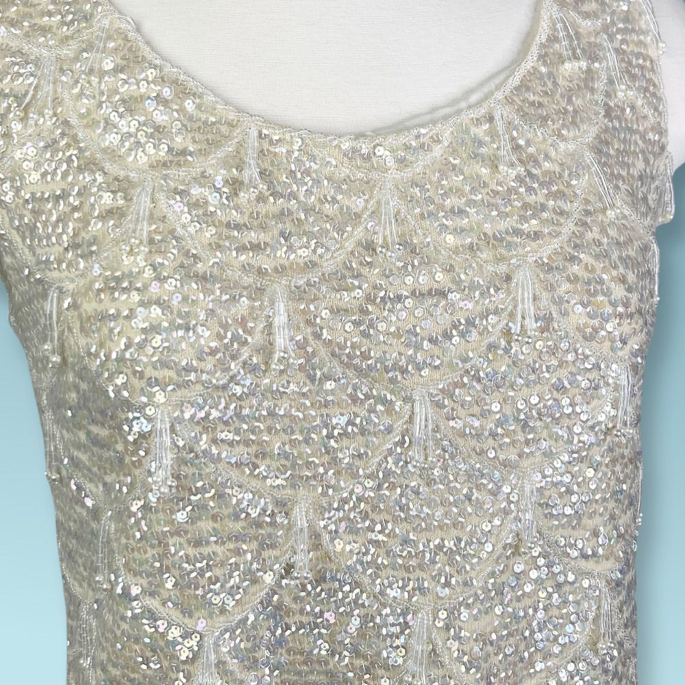 1960's Iridescent Sequined and Beaded Knit Camisole Sweater Top - Zipper Back - Picture 2 of 6